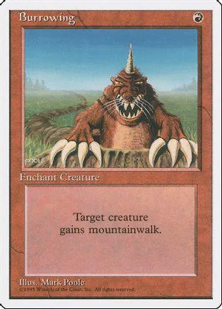 Brown monster creature on green landscape card, "Burrowing" text.