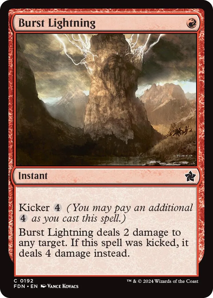 Magic: The Gathering card, Burst Lightning, dark landscape with lightning striking a tree.