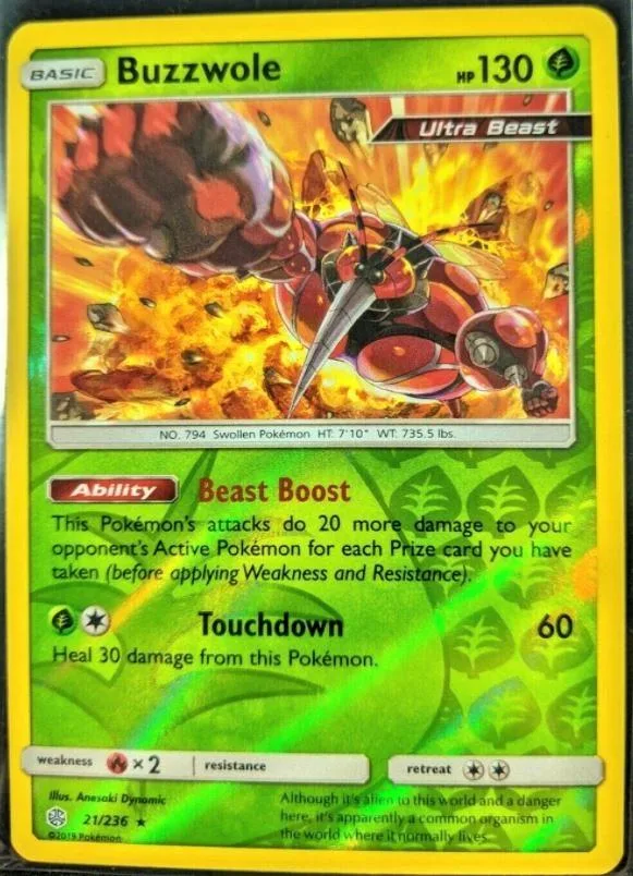 Buzzwole Pokémon card, red and black creature, HP 130, Ultra Beast.