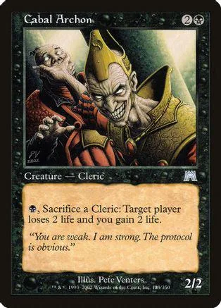 Grim-faced, armored figure with sharp teeth on a dark, fantasy trading card.