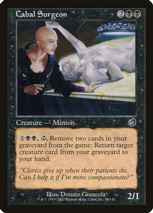 Bald figure in dark clothing holds a white, ethereal creature on a card.