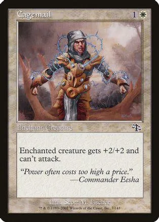 Character in metal armor with glowing blue energy, on a fantasy card.