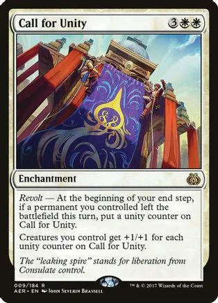 Magic: The Gathering card, Call for Unity, blue and purple artwork, standard card frame.