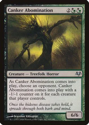 Dark, gnarled tree creature card art with green and brown tones.