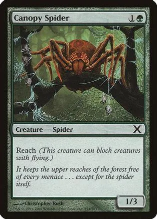 Brown spider on green foliage, black and white card art.