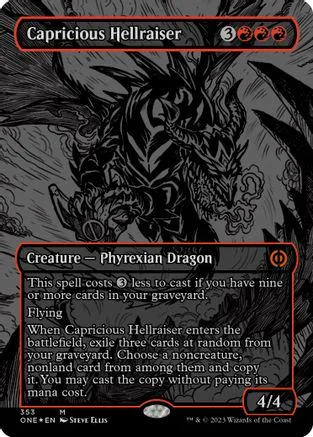 Black and white dragon creature card, "Capricious Hellraiser," with text box.