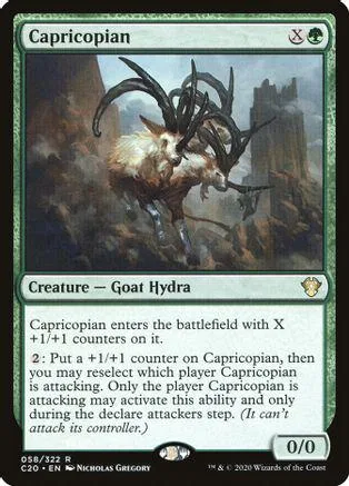 Goat Hydra creature card art: horned goat in a dark, mountainous landscape.