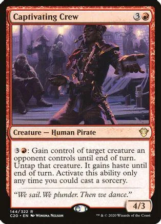 Pirate character card, dark colors, showing a man in pirate attire.