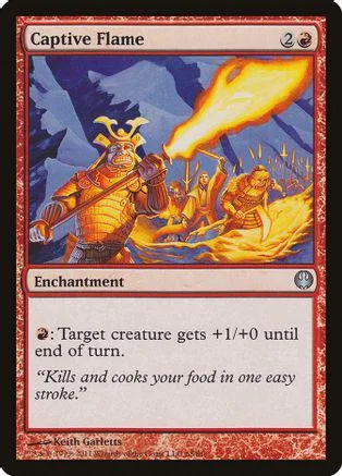 Card art depicts fiery attack on figures in a snowy landscape. Enchantment card.