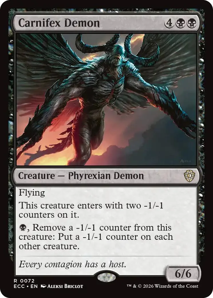 Dark winged demon creature card, black and blue tones, showing stats and abilities.