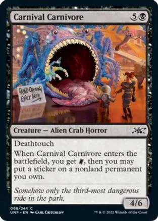 Blue and purple alien crab monster with large open mouth on a card.