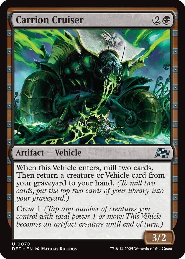 Green monster vehicle card art, black and white border, showing "Carrion Cruiser.