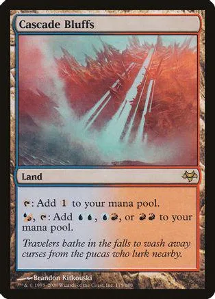 Magic: The Gathering land card, Cascade Bluffs, red and blue artwork.