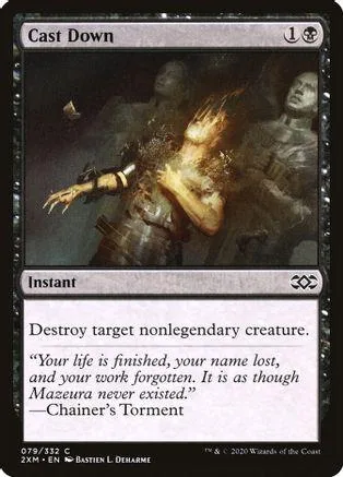 Black and white fantasy art card titled "Cast Down" with text box.