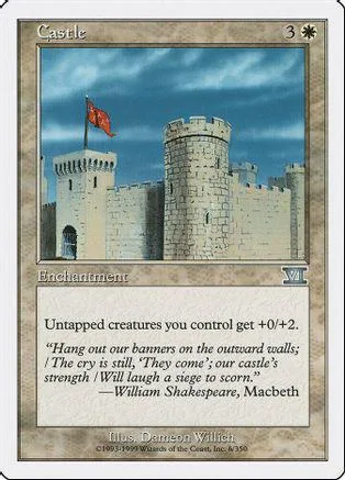Castle artwork card featuring a stone castle under a blue sky.