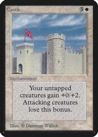 White castle on blue sky. Magic card featuring a large stone fortress.