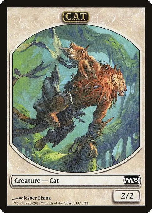 Red and brown beast with a creature riding it in a lush green forest.