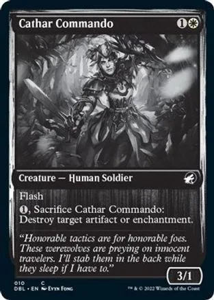 Black and white card art of a warrior in a dark, leafy forest.