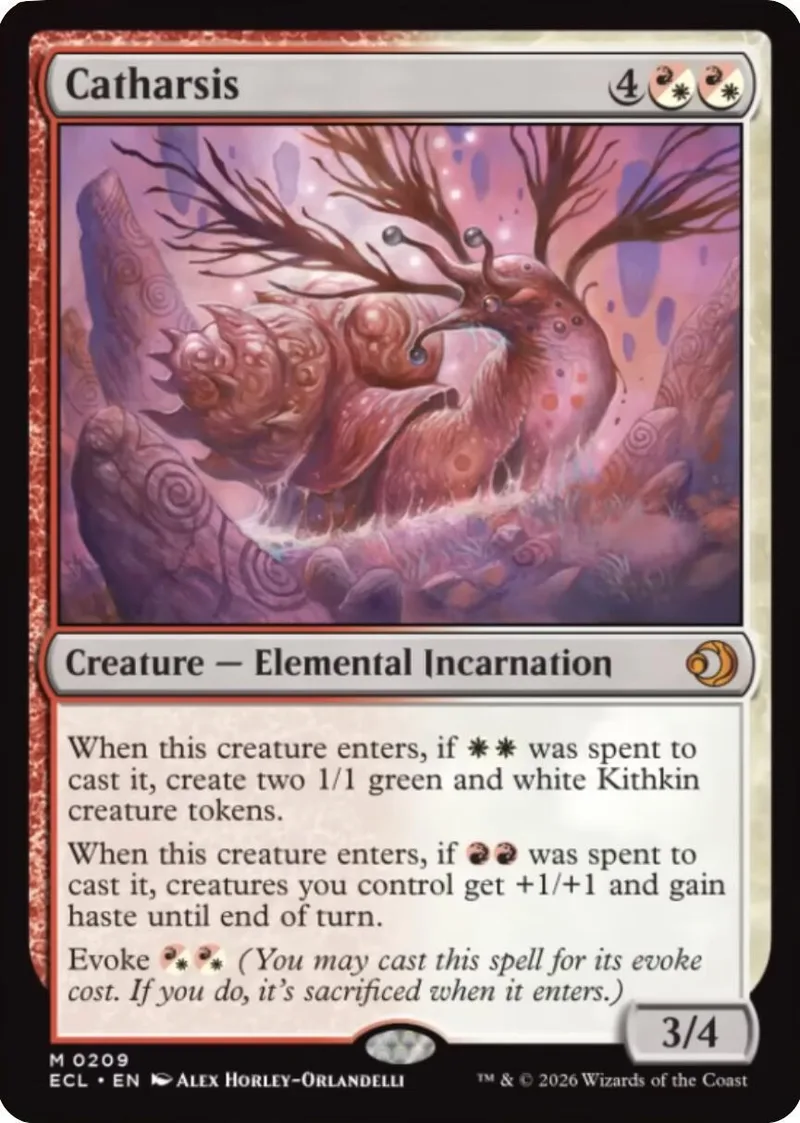 Red and brown elemental creature on a card with purple and pink tones.
