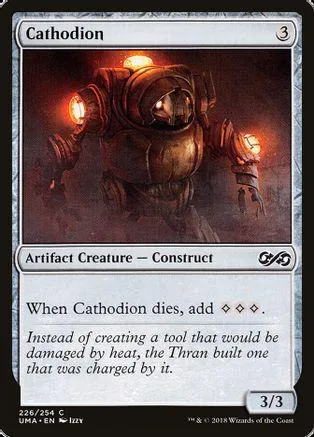 Metallic robot creature card, Cathodion, dark background, white text.