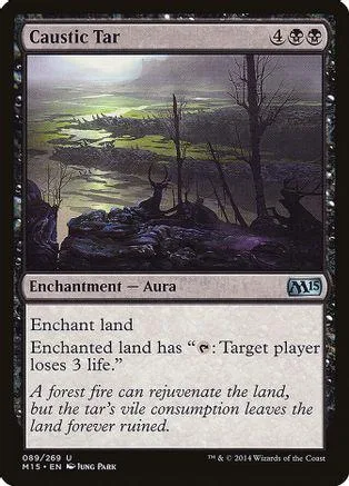 Dark, misty landscape art on a Magic: The Gathering card, "Caustic Tar.