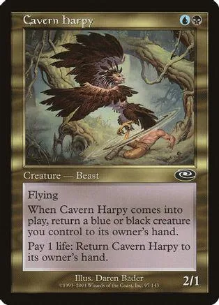 Dark feathered harpy creature card art, black and gold frame, creature type Beast.