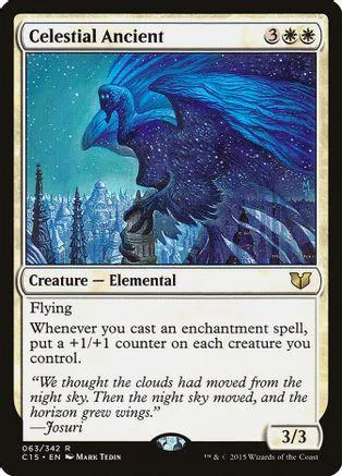 Blue and purple celestial bird creature card with starry night sky background.