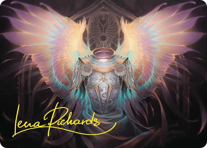 Purple and gold feathered wings surrounding a central, ornate, dark object.
