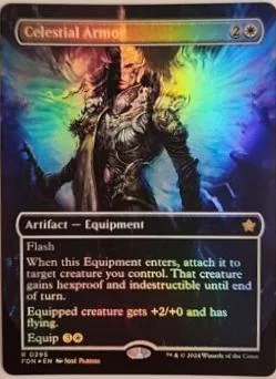 Dark, winged figure on a colorful, cosmic background on a Magic: The Gathering card.