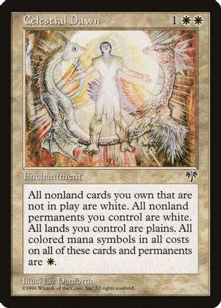White and gold artwork card featuring a central figure between two feathered creatures.