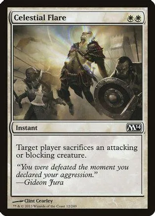 Fantasy battle scene on a Magic: The Gathering card, Celestial Flare.
