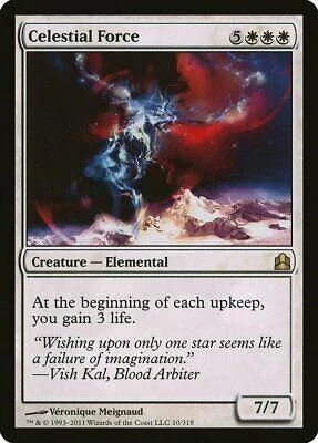 Blue and red cosmic energy over mountains on a card titled "Celestial Force.