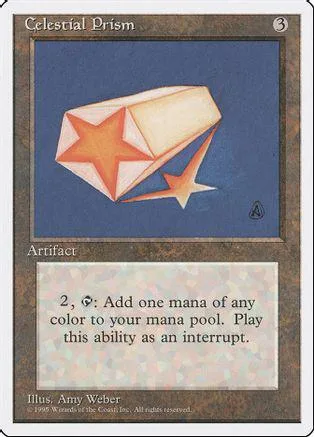 Orange and white star shape on blue card. Celestial Prism Magic: The Gathering card.
