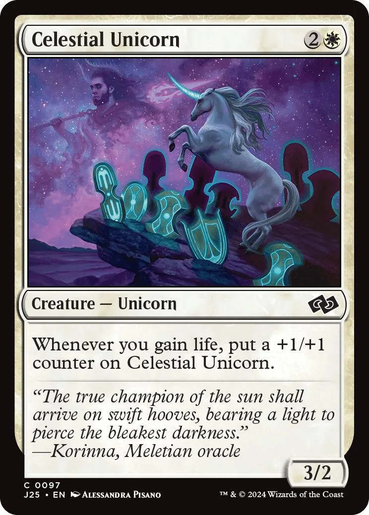 White unicorn on purple starry background, Magic: The Gathering card.