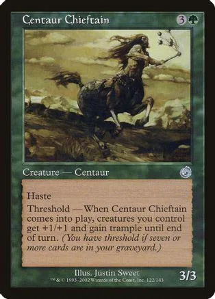Centaur chieftain card art: dark horse, rider, brown and green tones.