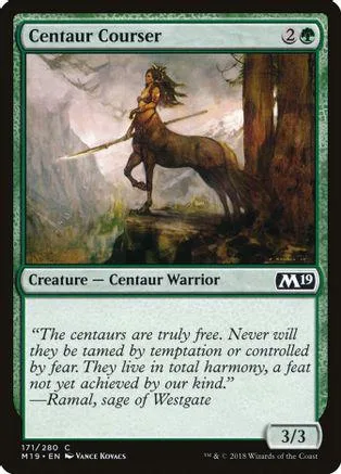 Centaur warrior on horseback in a forest scene, black and brown tones.