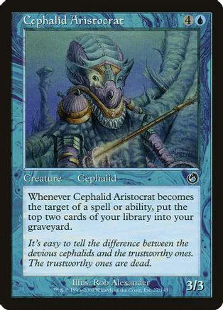 Blue and purple cephalopod creature card with text box and stats.