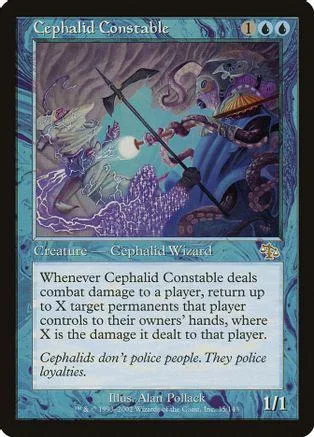 Purple and blue fantasy creature card with a sword, showing magical combat.