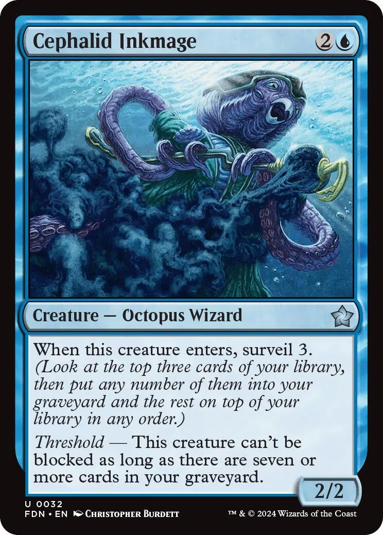 Blue octopus wizard with purple tentacles in dark, watery environment.