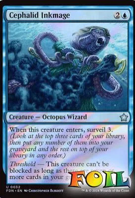 Purple octopus wizard creature card, foil, showing tentacles in blue water.