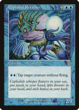 Blue cephalopod creature card with purple and blue swirling art.