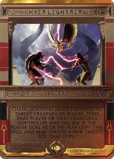 Two figures clash with lightning in a fantasy art card.