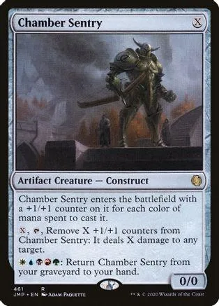 Dark, armored construct on a battlefield card. Gray and black tones.
