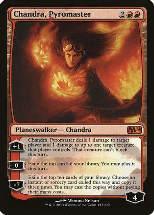 Card art of a fiery-haired figure surrounded by orange and yellow flames.