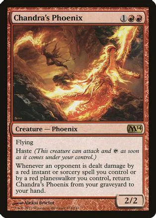 Phoenix creature card art, fiery orange and gold, in a standard trading card frame.