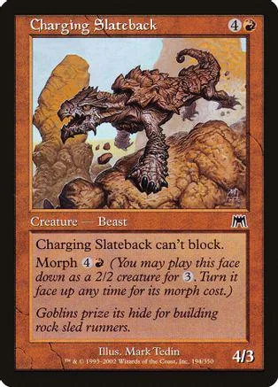 Brown, rocky creature charging across a brown landscape on a Magic: The Gathering card.