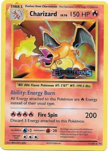 Charizard Pokémon card, orange and black, showing a roaring dragon.