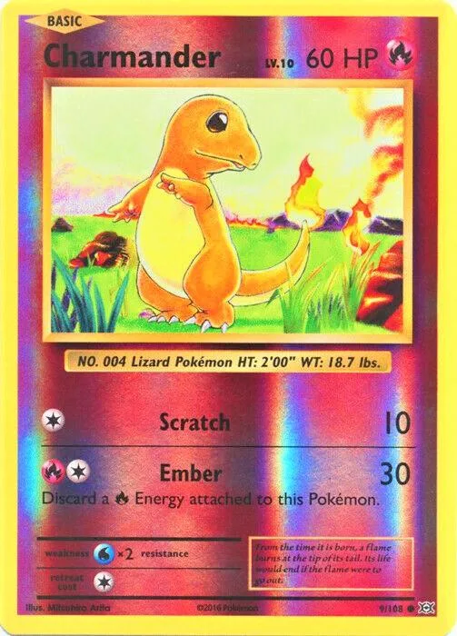 Orange lizard Pokémon card, Charizard, basic energy, 60 HP, vibrant colors.