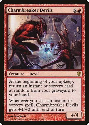 Red devil creature card with dark, fiery art. Creature type, 4/4 stats.