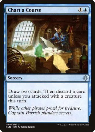 Pirate in cabin with map, blue and brown tones, Magic: The Gathering card.